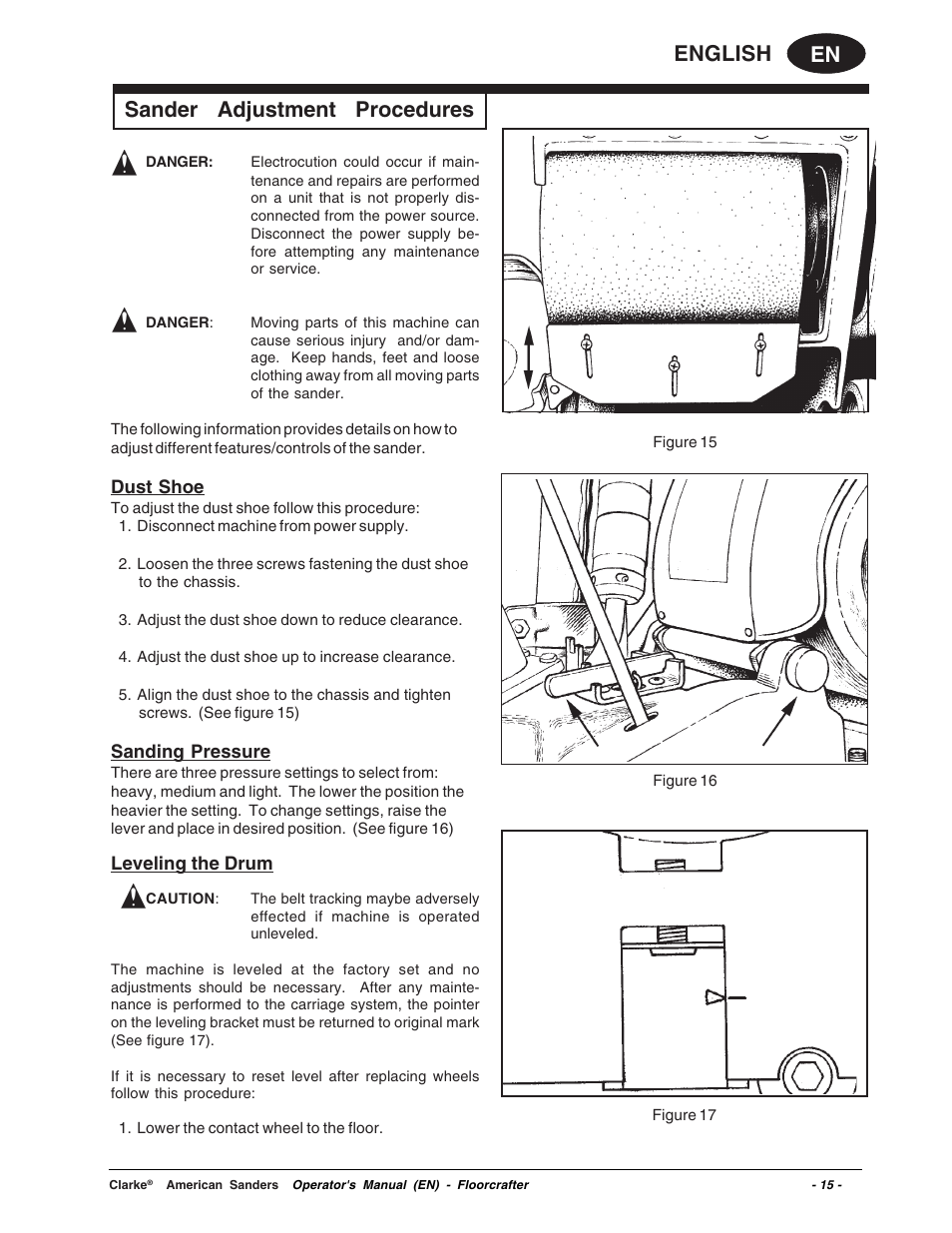 En english, Sander adjustment procedures | Clarke 07104A User Manual | Page 15 / 74