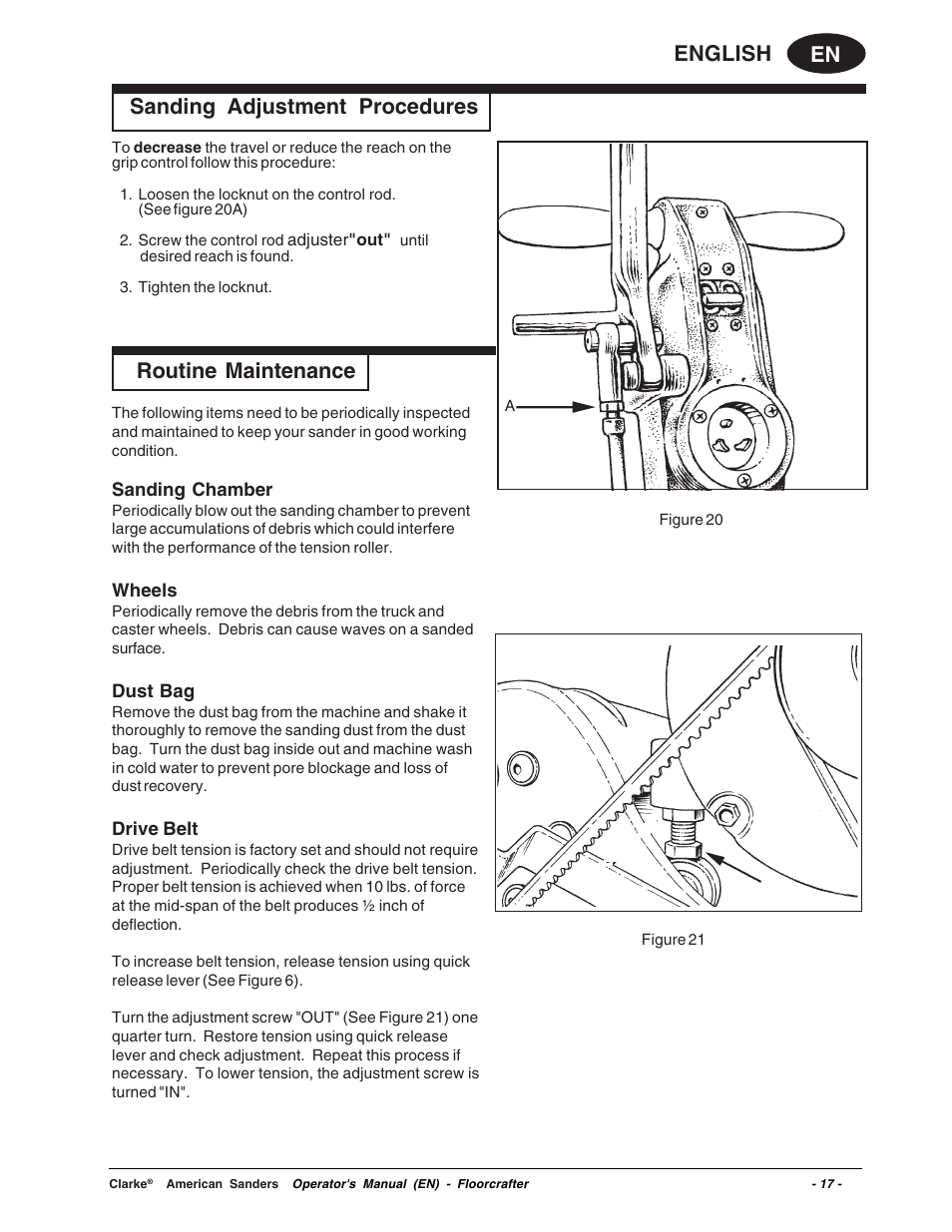 En english, Sanding adjustment procedures, Routine maintenance | Clarke 07104A User Manual | Page 17 / 74