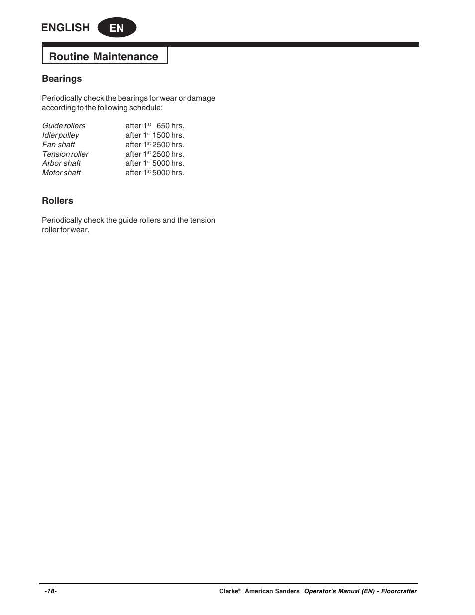 En english, Routine maintenance, Bearings | Rollers | Clarke 07104A User Manual | Page 18 / 74