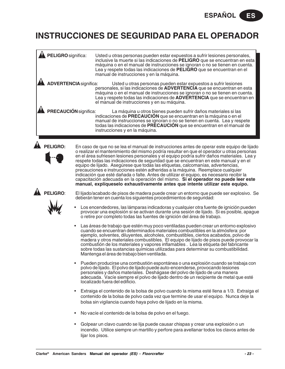 Instrucciones de seguridad para el operador, Es español | Clarke 07104A User Manual | Page 23 / 74