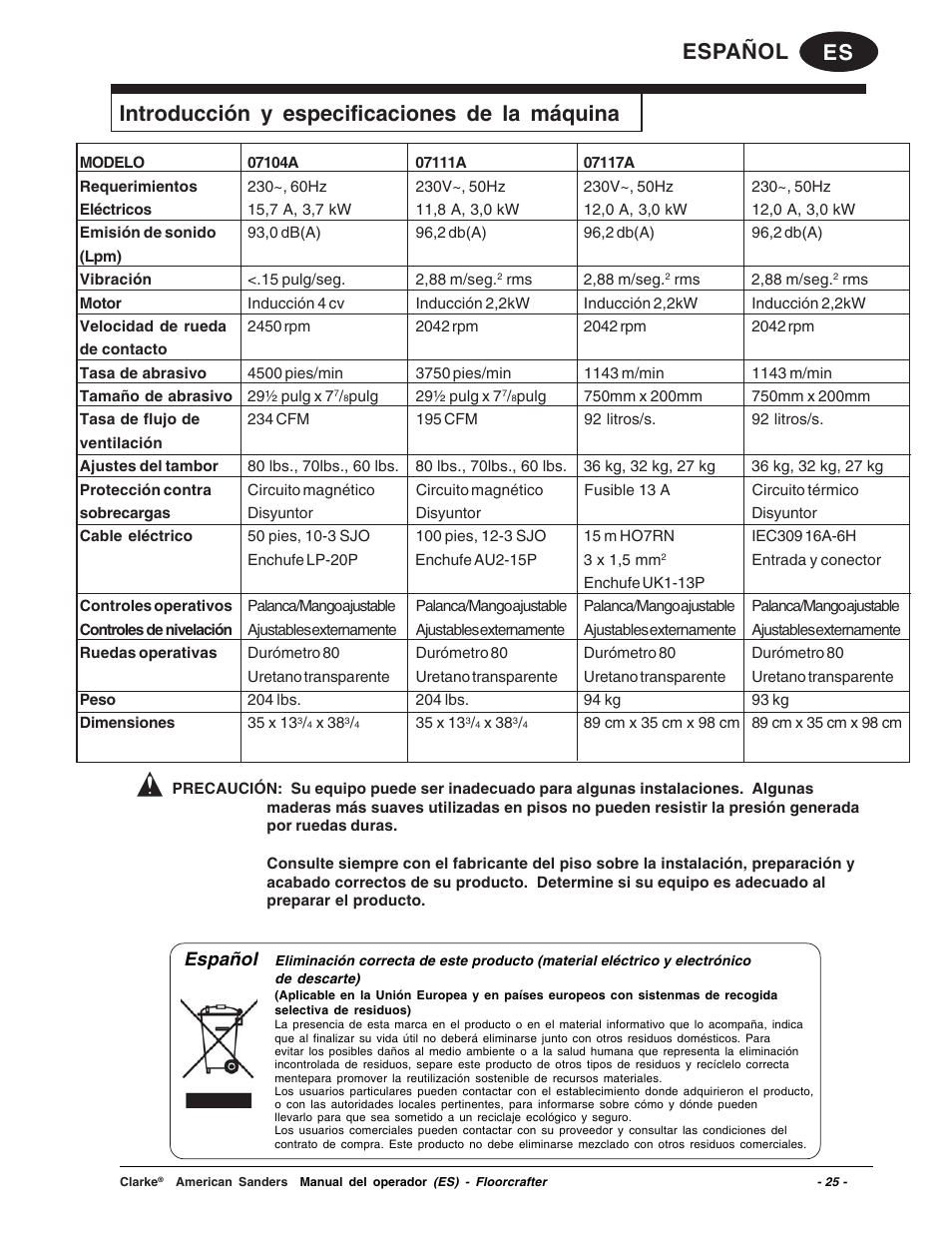 Es español, Introducción y especificaciones de la máquina, Español | Clarke 07104A User Manual | Page 25 / 74