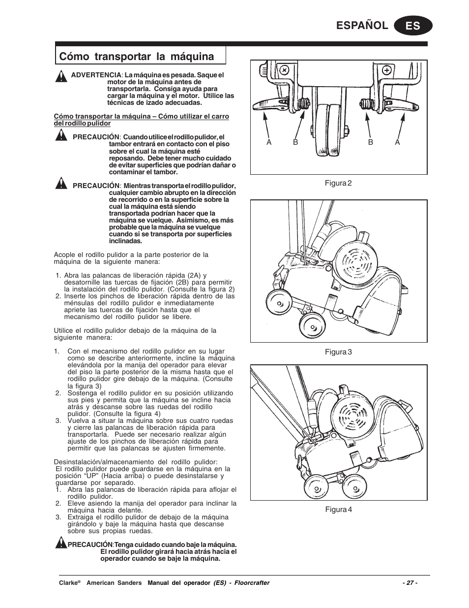 Es español cómo transportar la máquina | Clarke 07104A User Manual | Page 27 / 74