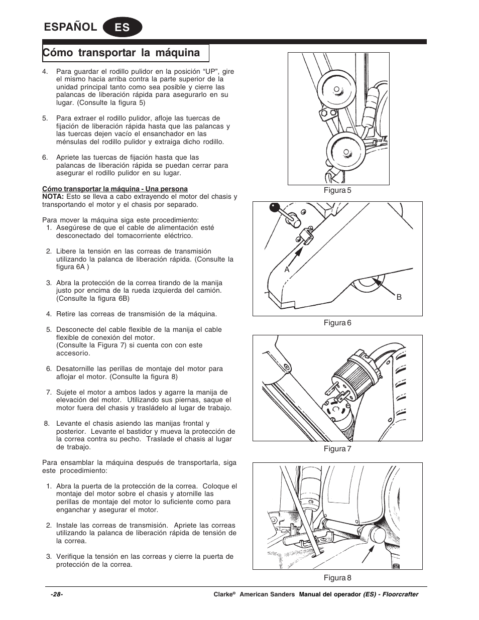Es español, Cómo transportar la máquina | Clarke 07104A User Manual | Page 28 / 74