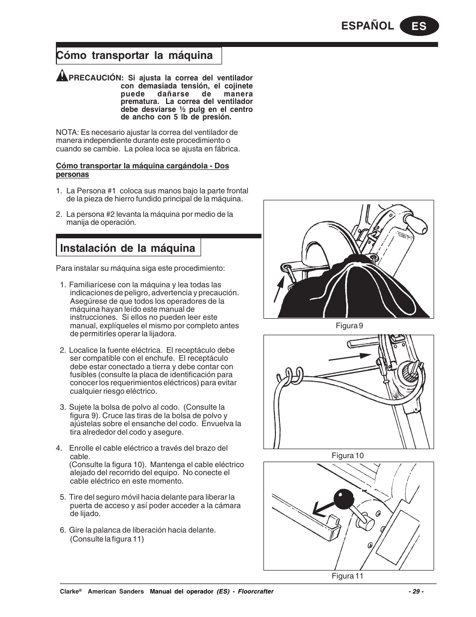Es español, Instalación de la máquina, Cómo transportar la máquina | Clarke 07104A User Manual | Page 29 / 74