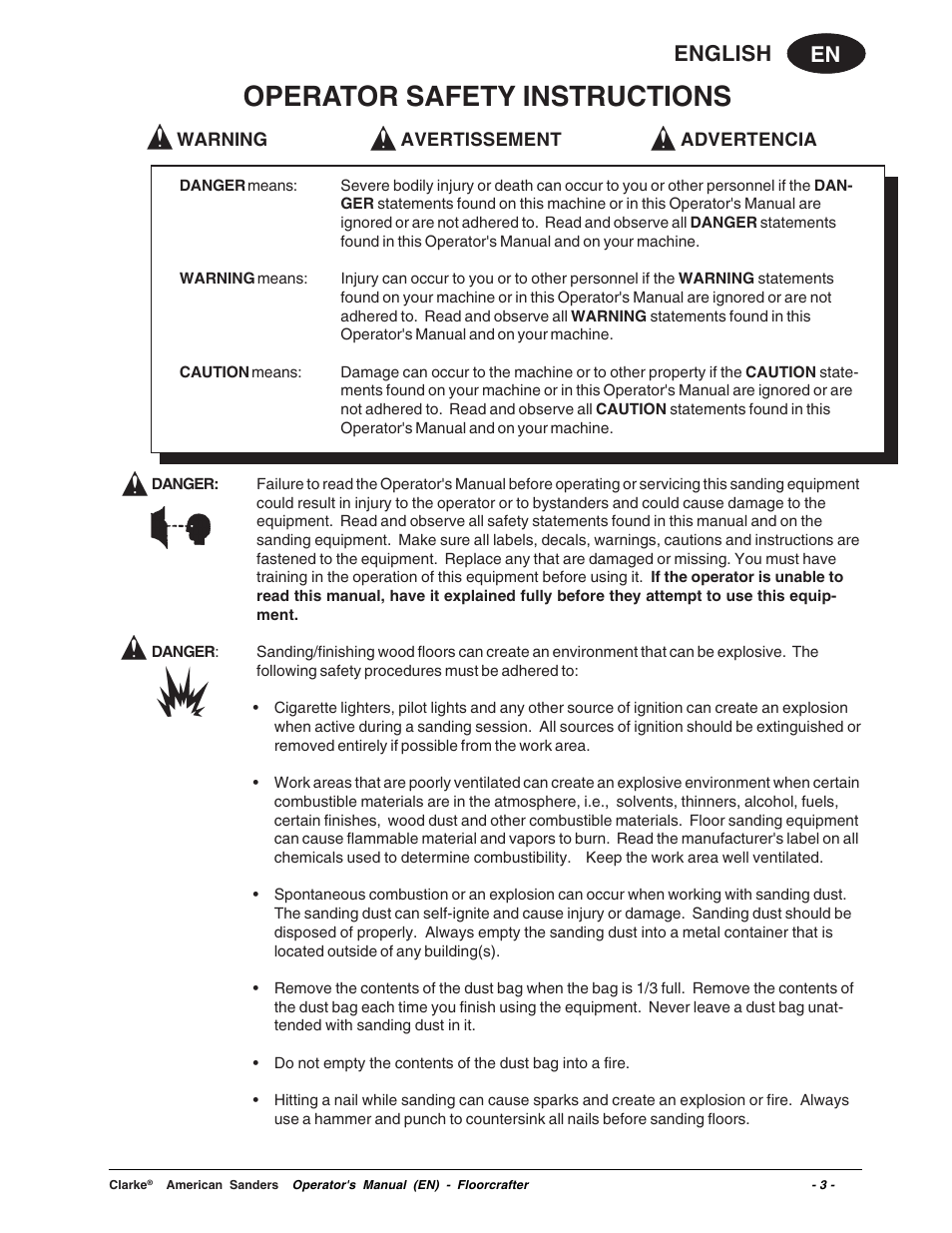 Operator safety instructions, En english | Clarke 07104A User Manual | Page 3 / 74