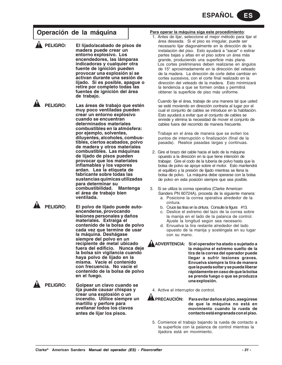 Es español, Operación de la máquina | Clarke 07104A User Manual | Page 31 / 74