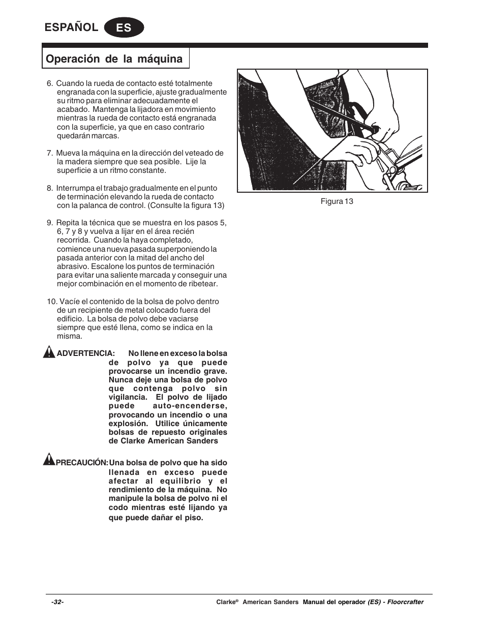 Es español, Operación de la máquina | Clarke 07104A User Manual | Page 32 / 74