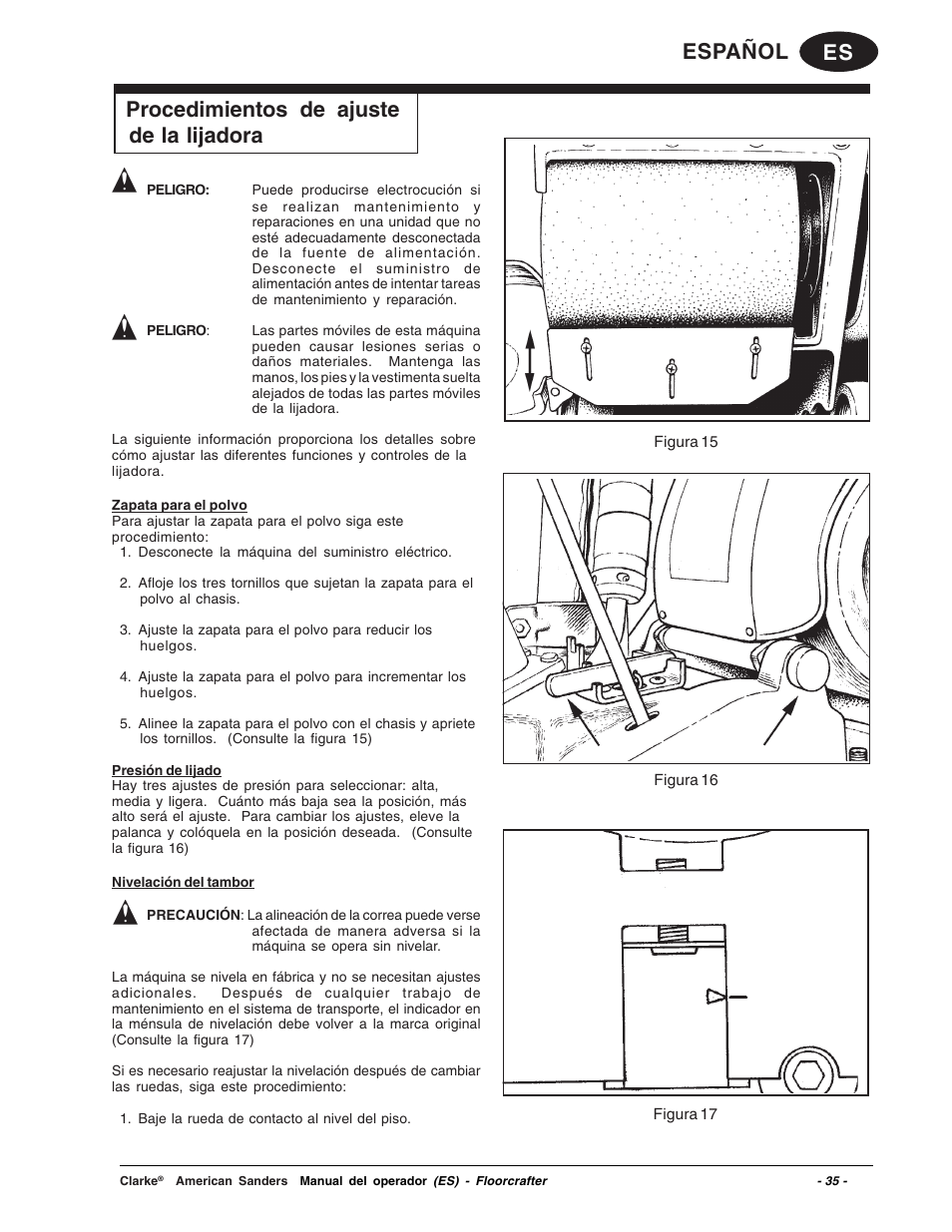 Es español procedimientos de ajuste de la lijadora | Clarke 07104A User Manual | Page 35 / 74