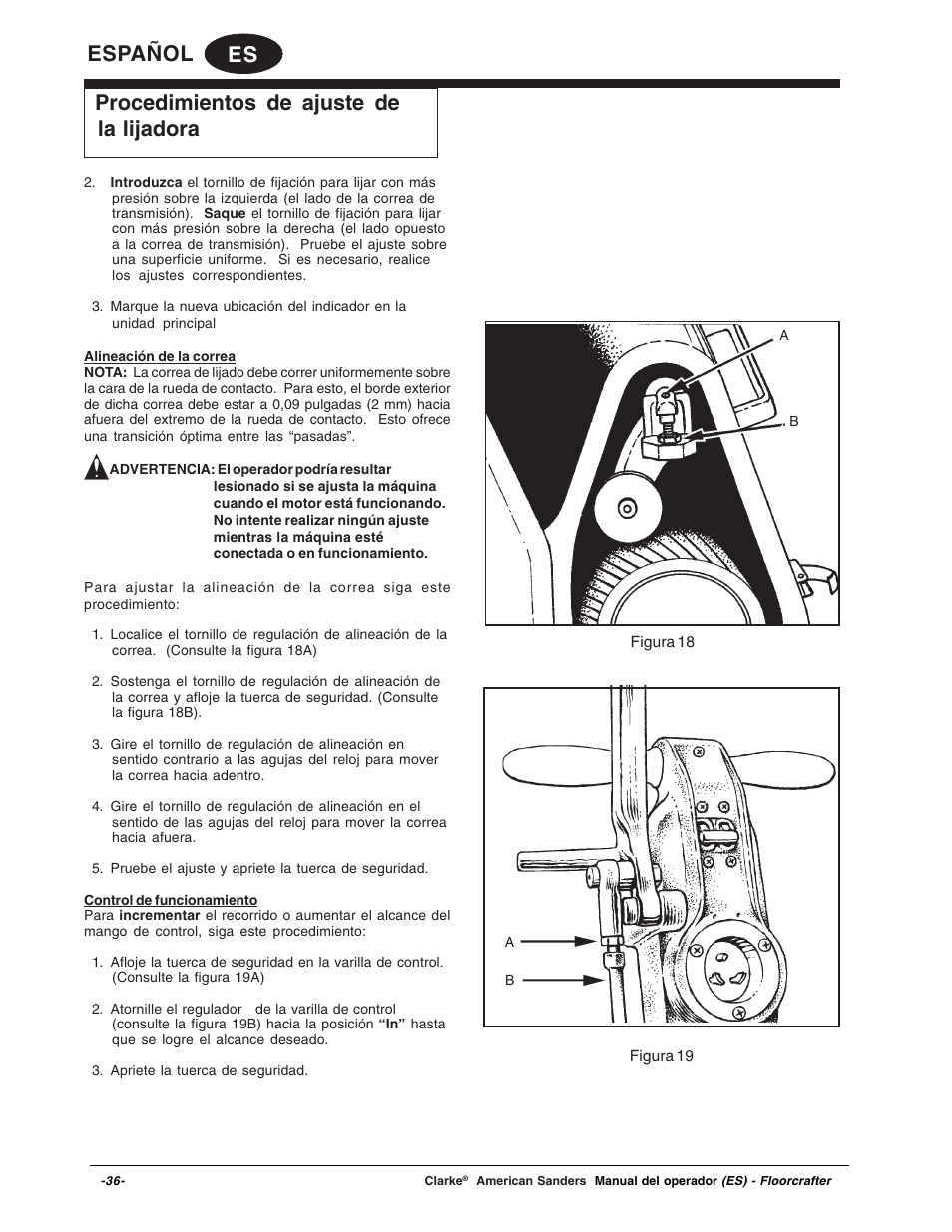 Es español, Procedimientos de ajuste de la lijadora | Clarke 07104A User Manual | Page 36 / 74