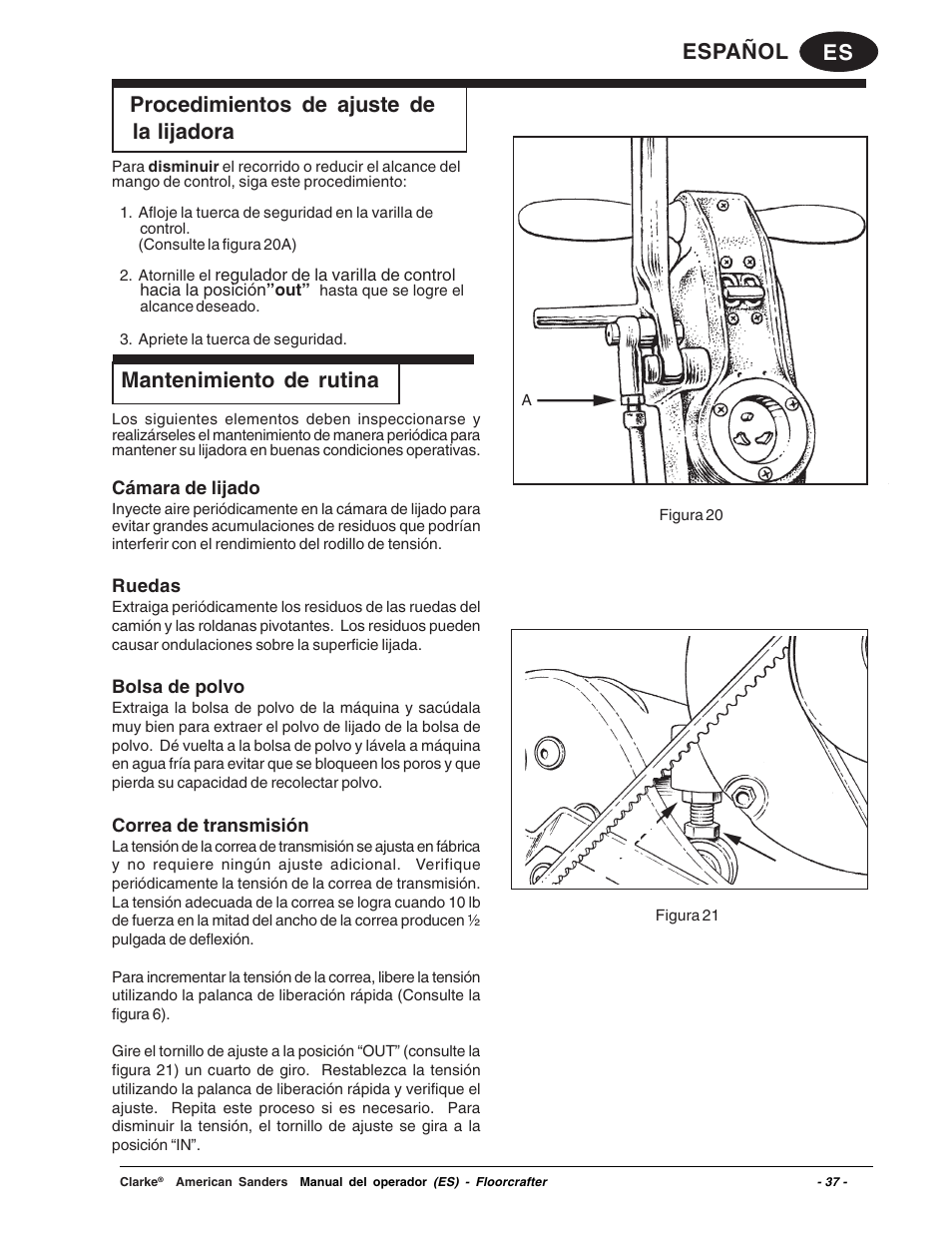 Es español procedimientos de ajuste de la lijadora, Mantenimiento de rutina | Clarke 07104A User Manual | Page 37 / 74