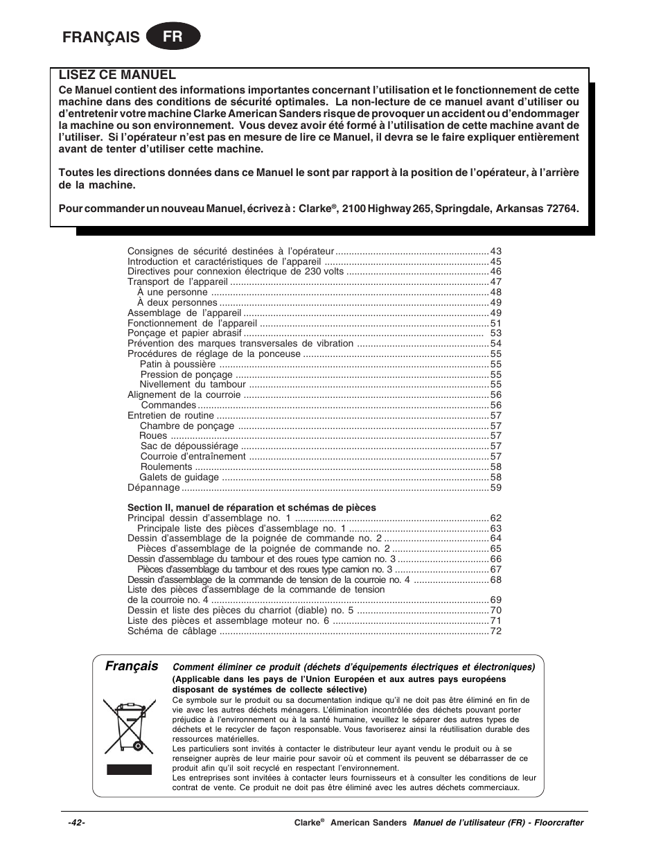Fr français, Français, Lisez ce manuel | Clarke 07104A User Manual | Page 42 / 74