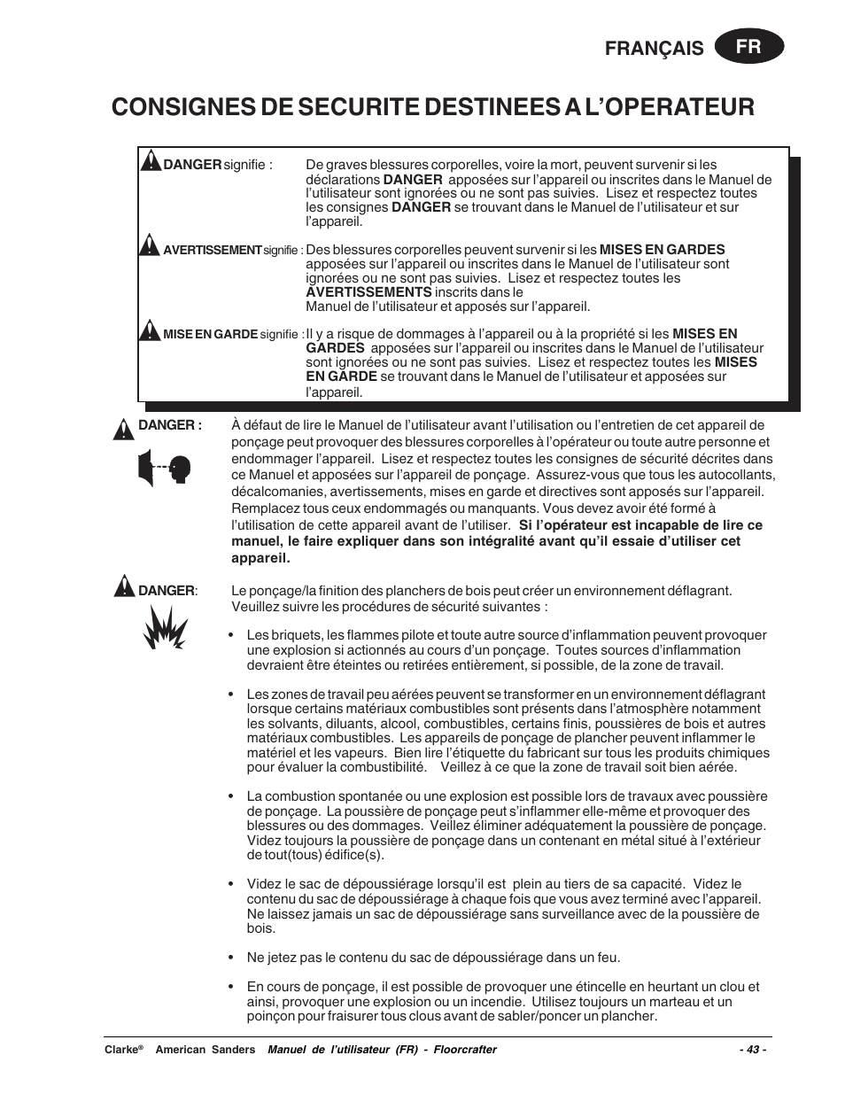 Consignes de securite destinees a l’operateur, Fr français | Clarke 07104A User Manual | Page 43 / 74
