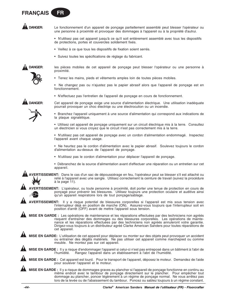 Fr français | Clarke 07104A User Manual | Page 44 / 74