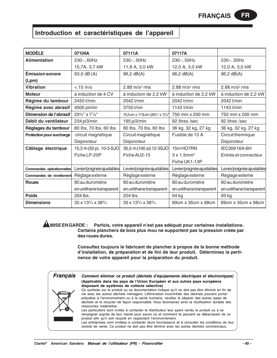 Fr français, Introduction et caractéristiques de l’appareil, Français | Clarke 07104A User Manual | Page 45 / 74