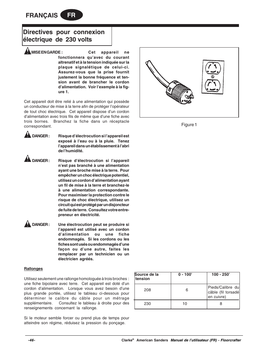 Fr français, Directives pour connexion électrique de 230 volts | Clarke 07104A User Manual | Page 46 / 74