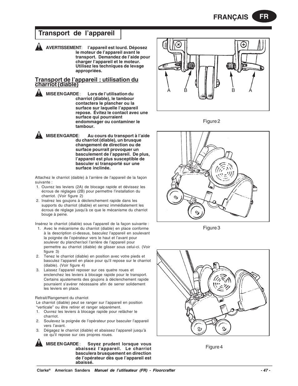 Fr français transport de l’appareil | Clarke 07104A User Manual | Page 47 / 74