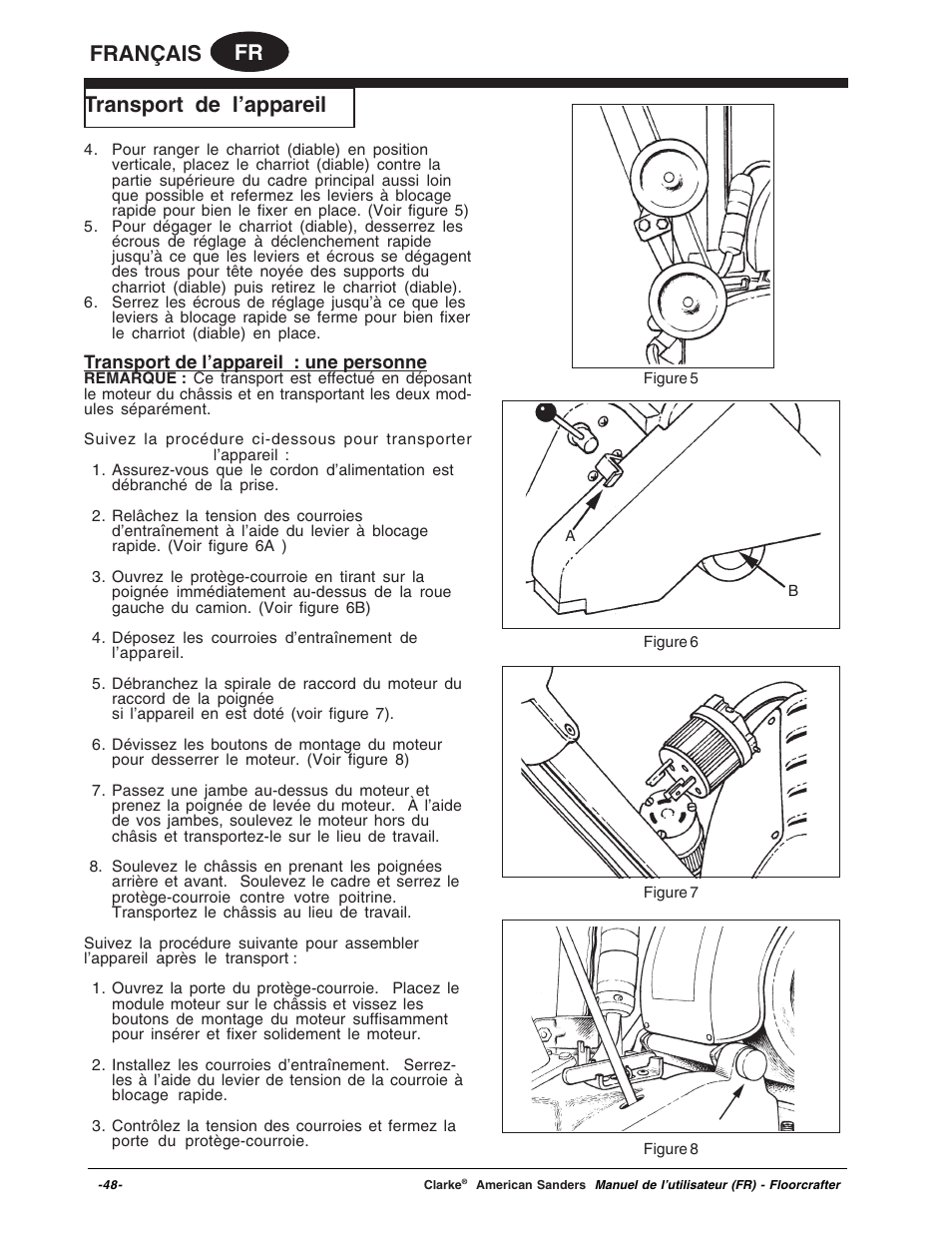 Fr français, Transport de l’appareil | Clarke 07104A User Manual | Page 48 / 74