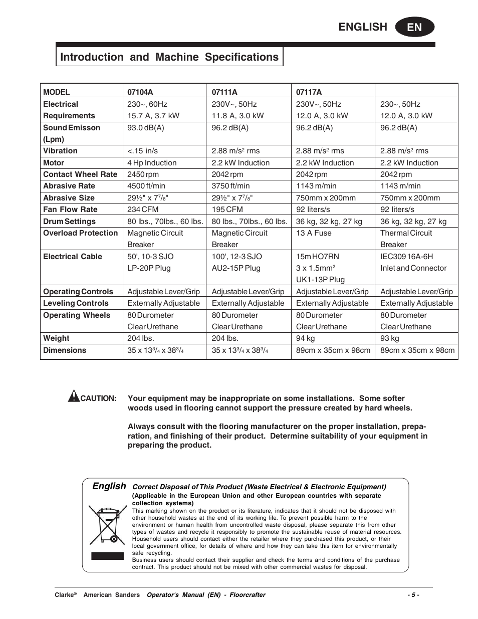 En english, Introduction and machine specifications, English | Clarke 07104A User Manual | Page 5 / 74