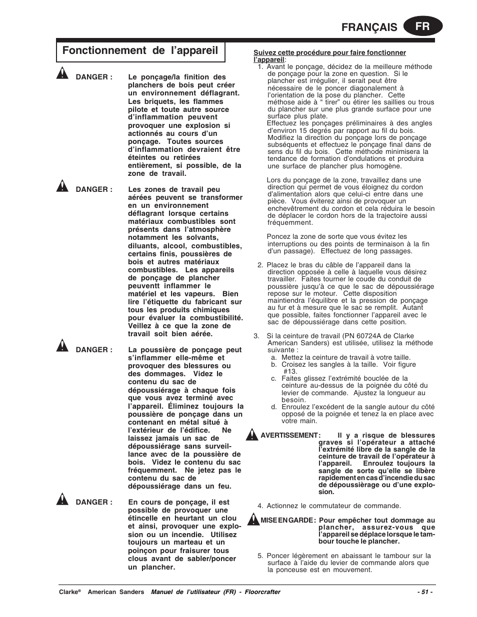 Fr français, Fonctionnement de l’appareil | Clarke 07104A User Manual | Page 51 / 74