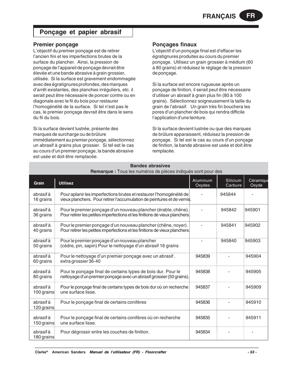 Fr français ponçage et papier abrasif | Clarke 07104A User Manual | Page 53 / 74