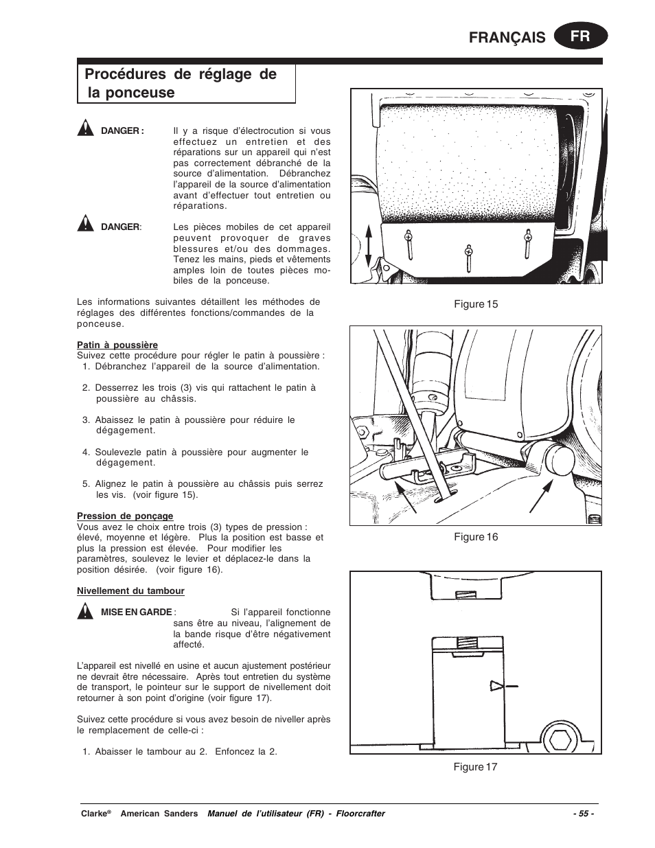 Fr français, Procédures de réglage de la ponceuse | Clarke 07104A User Manual | Page 55 / 74