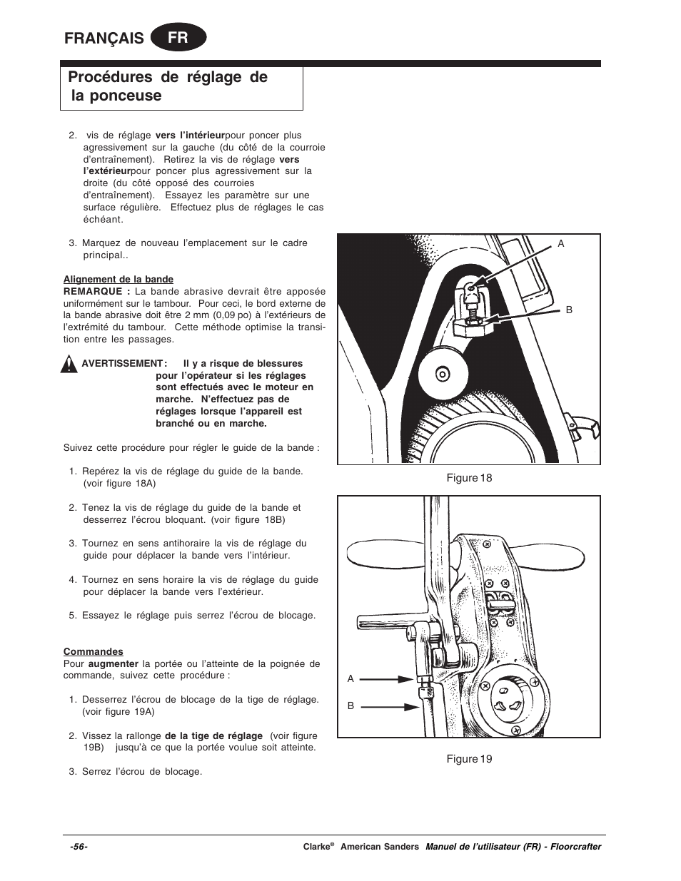 Fr français, Procédures de réglage de la ponceuse | Clarke 07104A User Manual | Page 56 / 74