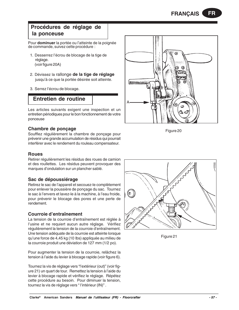 Fr français procédures de réglage de la ponceuse, Entretien de routine | Clarke 07104A User Manual | Page 57 / 74