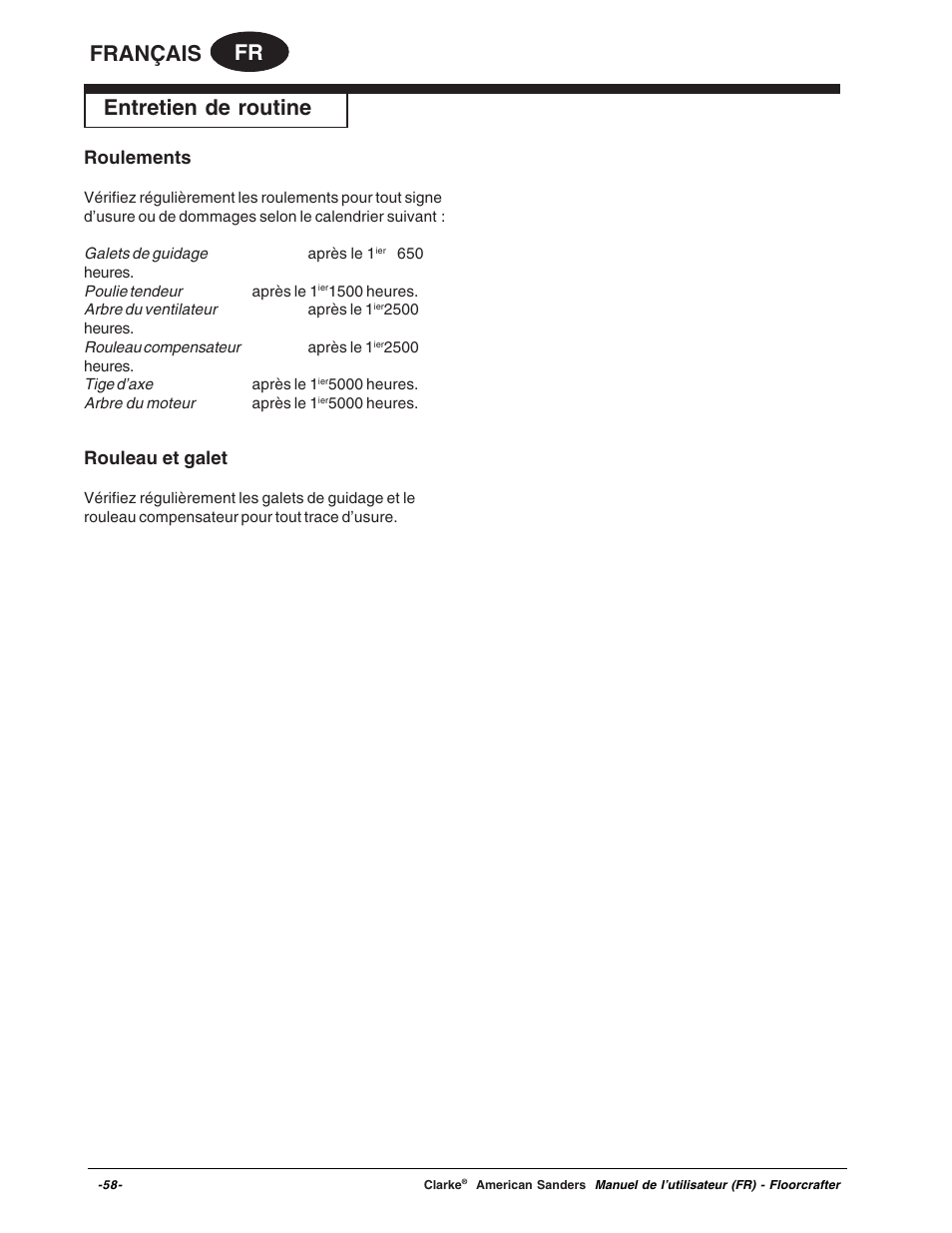 Fr français, Entretien de routine, Roulements | Rouleau et galet | Clarke 07104A User Manual | Page 58 / 74