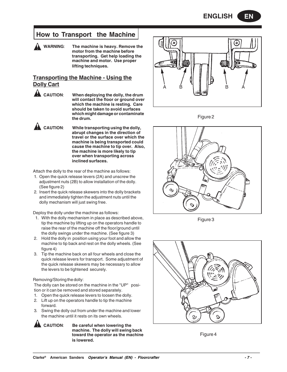 En english, How to transport the machine, Transporting the machine - using the dolly cart | Clarke 07104A User Manual | Page 7 / 74