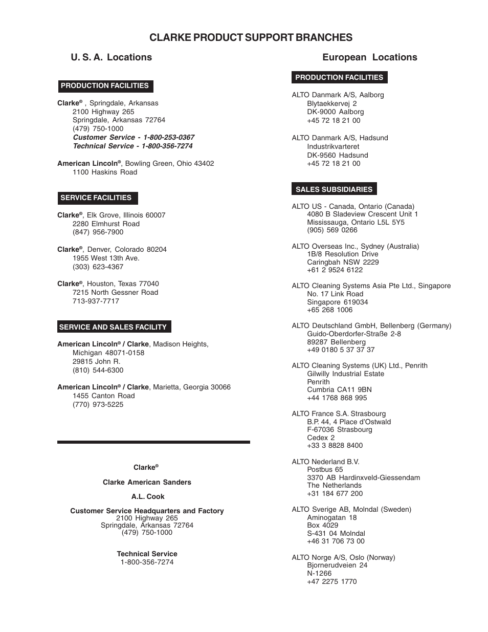 Clarke product support branches, U. s. a. locations european locations | Clarke 07104A User Manual | Page 73 / 74