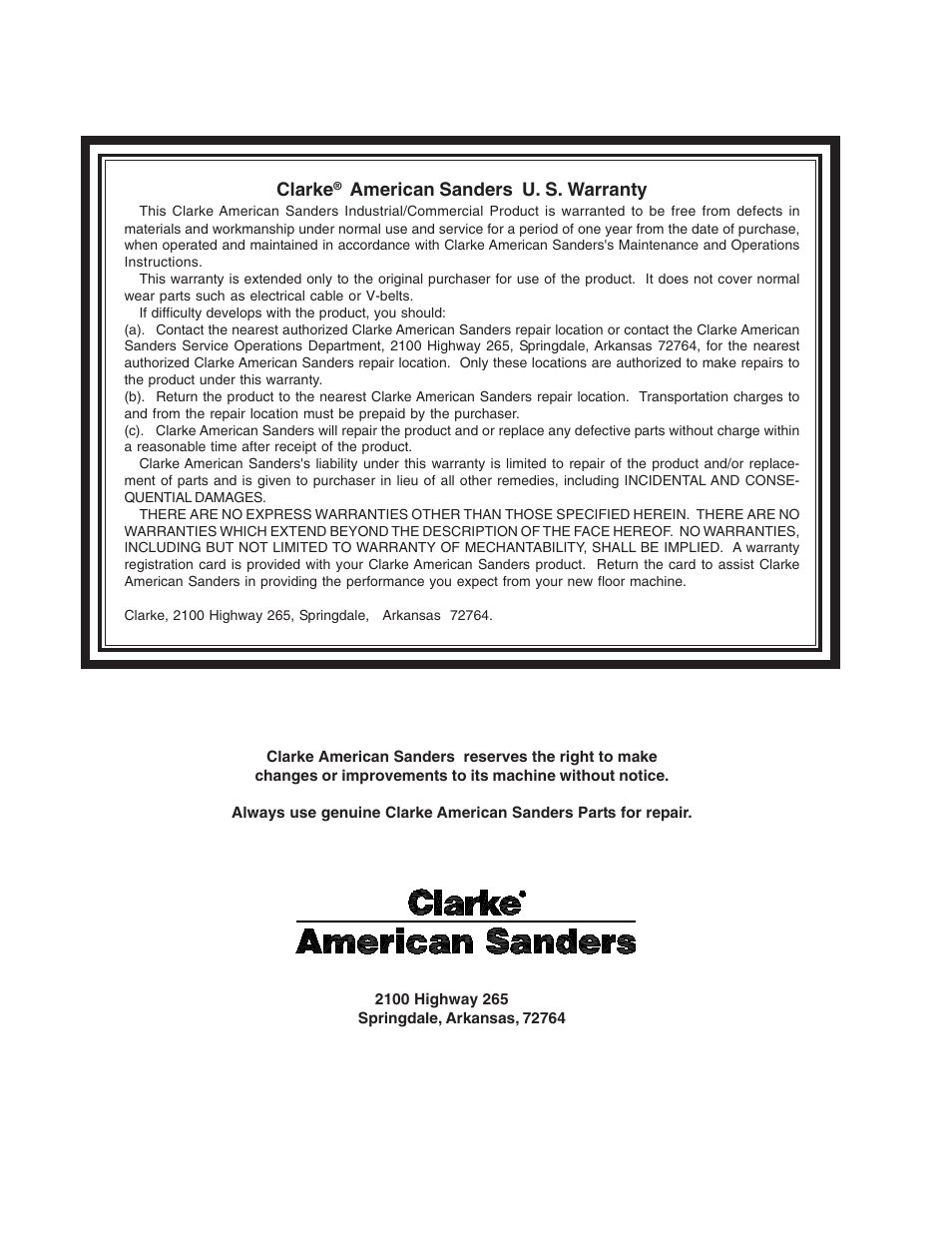 Clarke, American sanders u. s. warranty | Clarke 07104A User Manual | Page 74 / 74