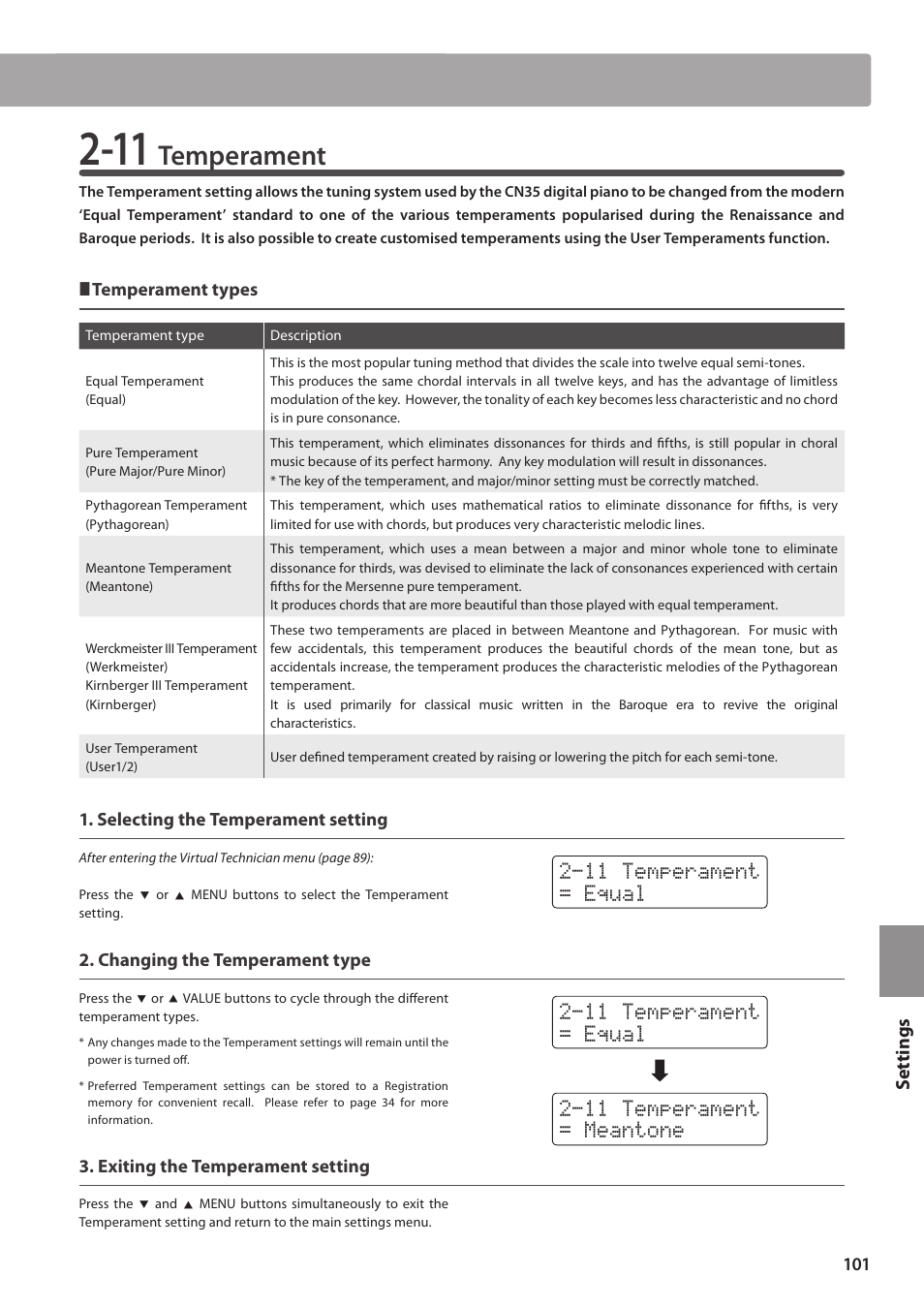 Temperament, Set tings | Kawai CN35 Owner’s Manual User Manual | Page 101 / 142