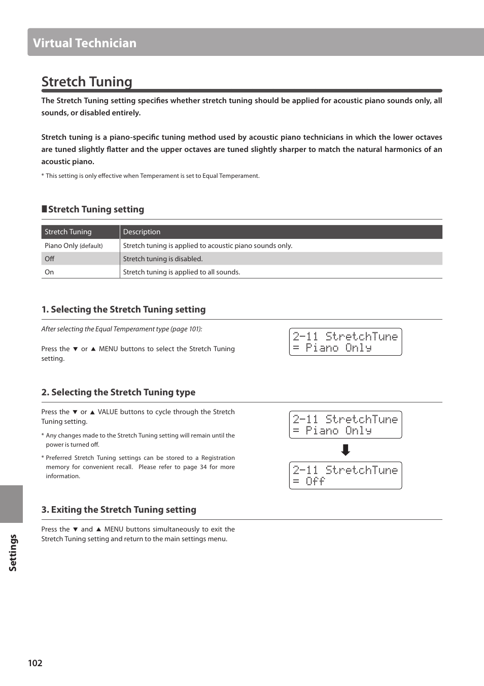 Stretch tuning, Virtual technician, Set tings | Kawai CN35 Owner’s Manual User Manual | Page 102 / 142