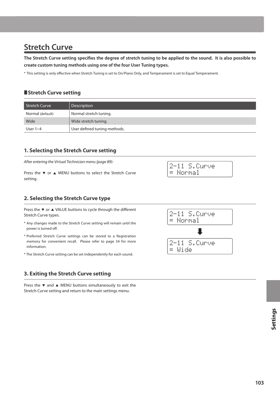 Stretch curve, Set tings | Kawai CN35 Owner’s Manual User Manual | Page 103 / 142