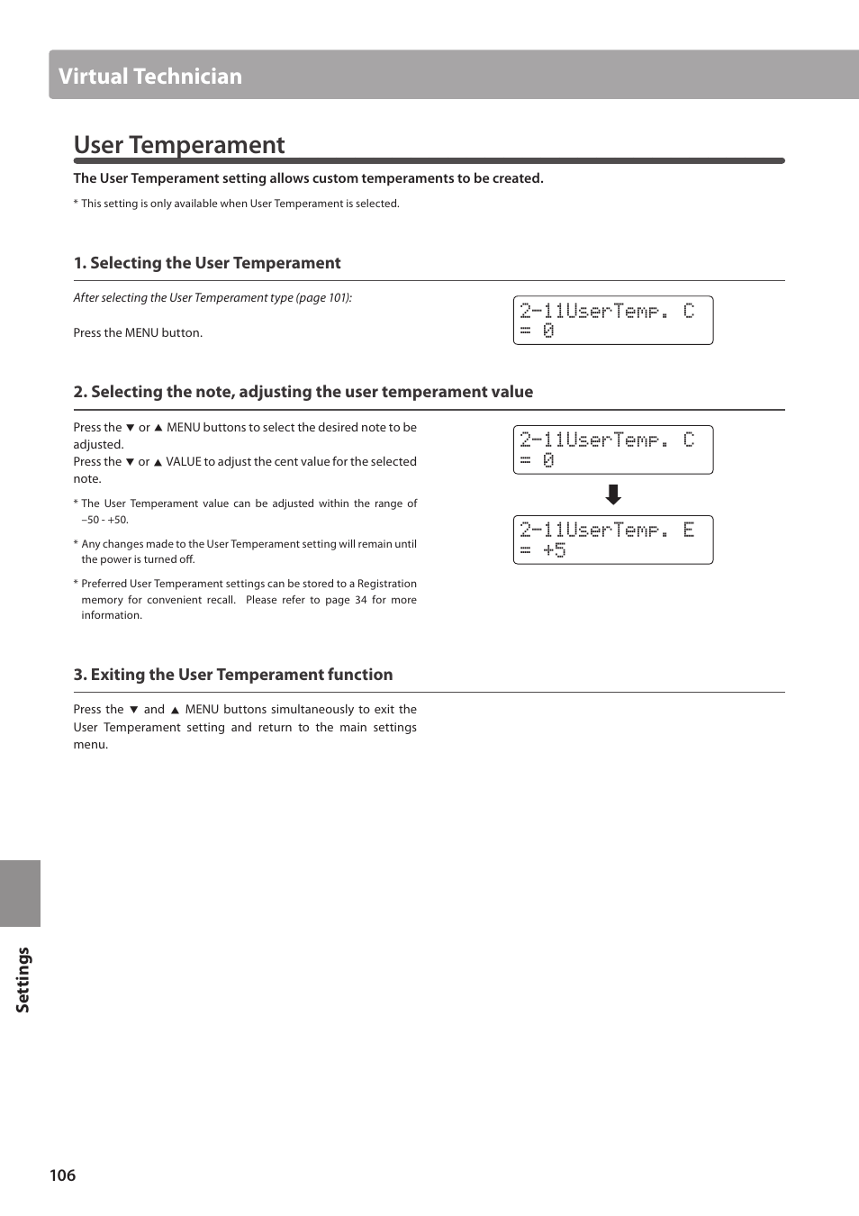 User temperament, Virtual technician, Set tings | Kawai CN35 Owner’s Manual User Manual | Page 106 / 142