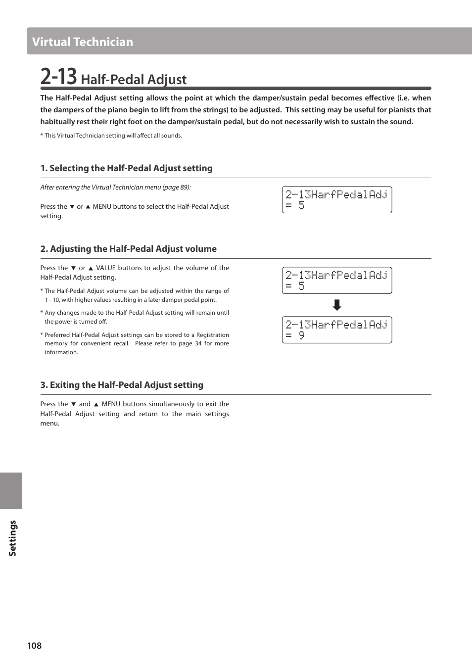 Half-pedal adjust, Virtual technician | Kawai CN35 Owner’s Manual User Manual | Page 108 / 142