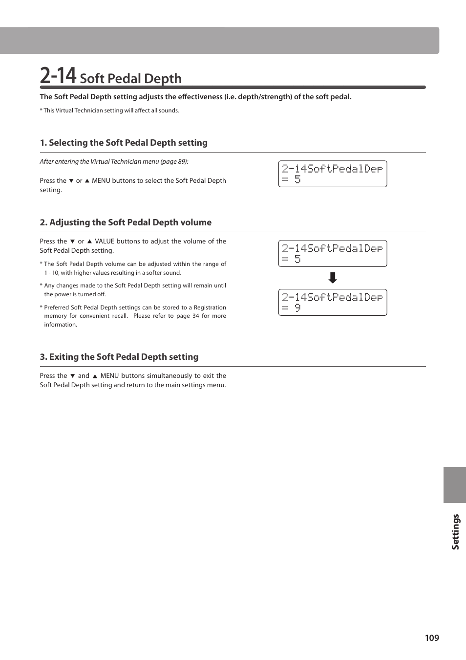 Soft pedal depth | Kawai CN35 Owner’s Manual User Manual | Page 109 / 142