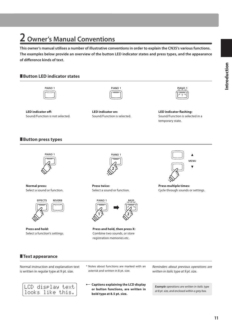 Owner’s manual conventions, Lcd display text looks like this | Kawai CN35 Owner’s Manual User Manual | Page 11 / 142