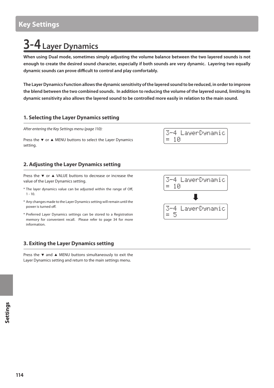 Layer dynamics, Key settings | Kawai CN35 Owner’s Manual User Manual | Page 114 / 142