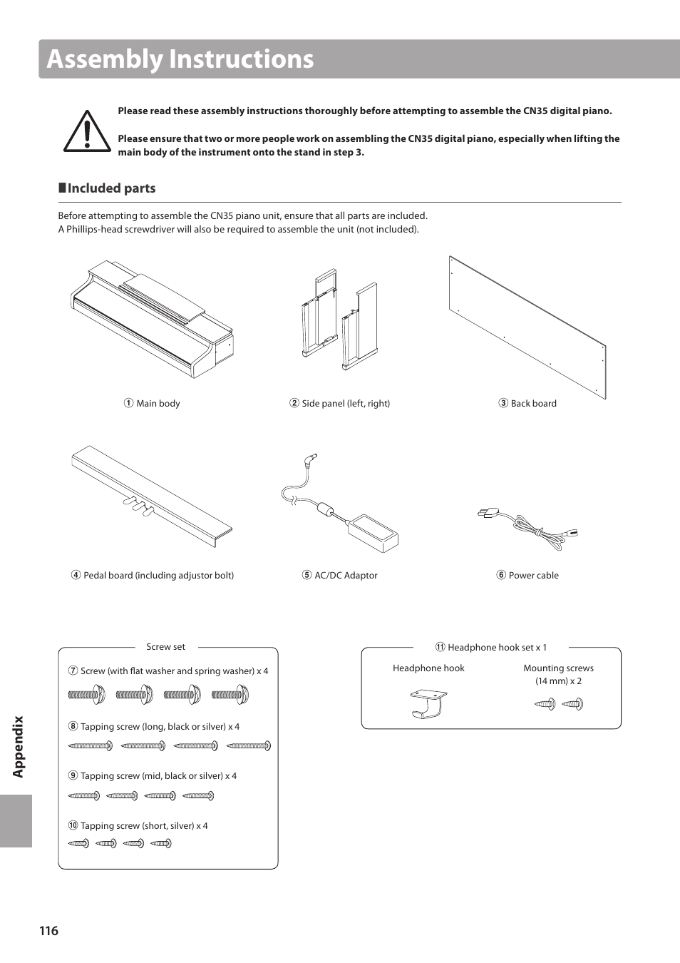 Assembly instructions, Ap pe nd ix | Kawai CN35 Owner’s Manual User Manual | Page 116 / 142