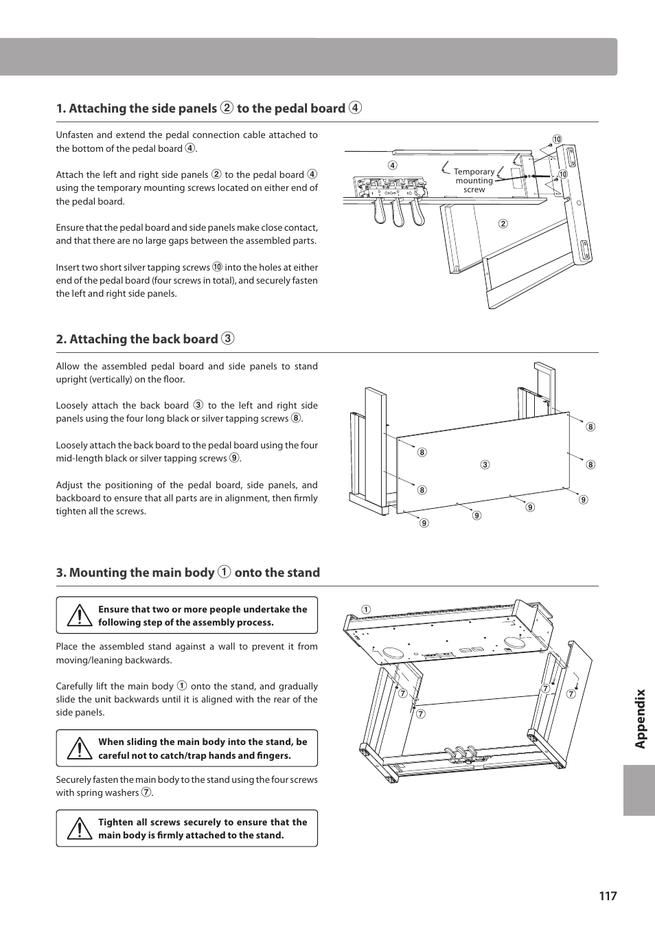 Ap pe nd ix, Attaching the side panels b to the pedal board d, Attaching the back board c | Mounting the main body a onto the stand | Kawai CN35 Owner’s Manual User Manual | Page 117 / 142