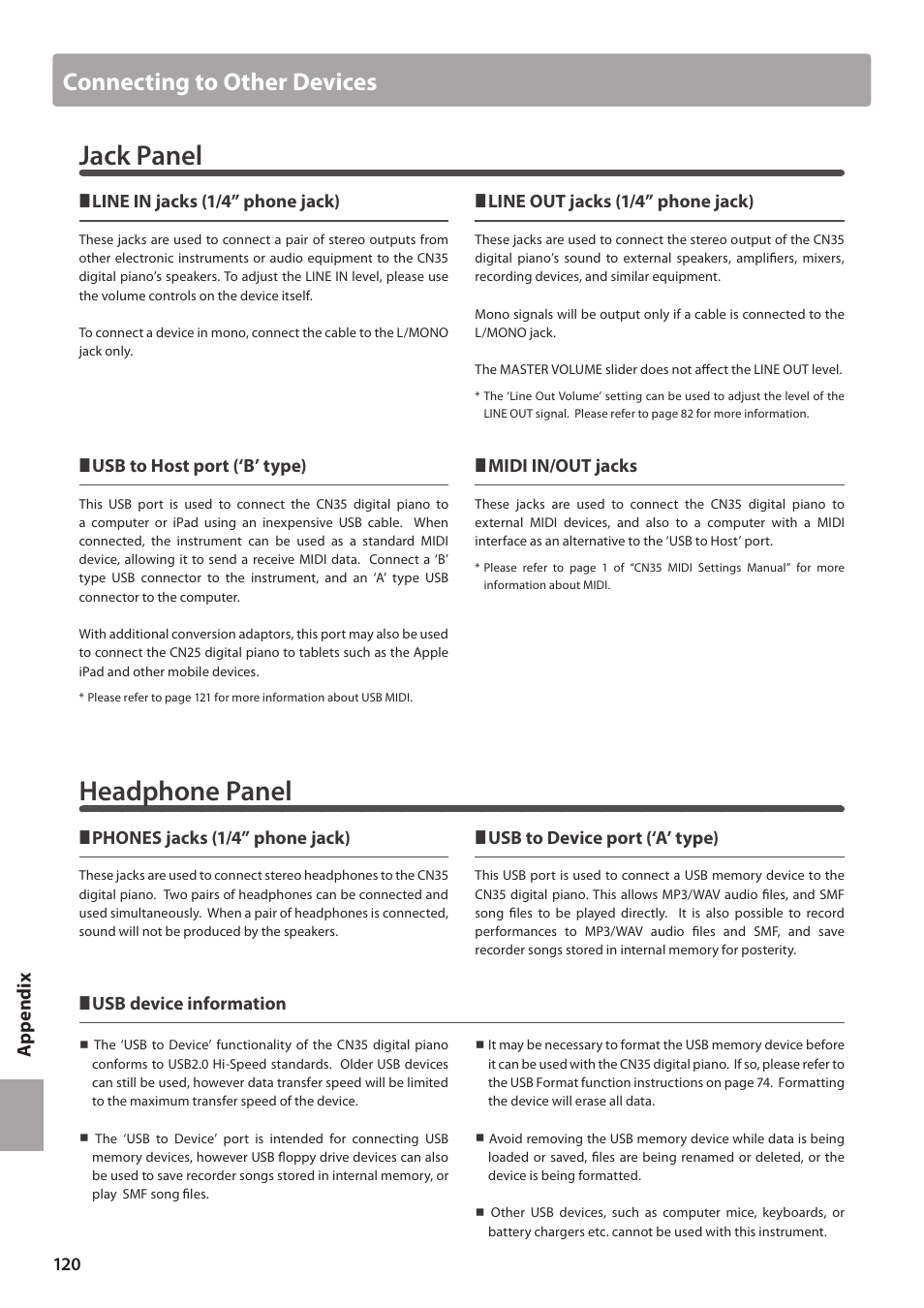 Jack panel, Headphone panel, Connecting to other devices | Ap pe nd ix | Kawai CN35 Owner’s Manual User Manual | Page 120 / 142