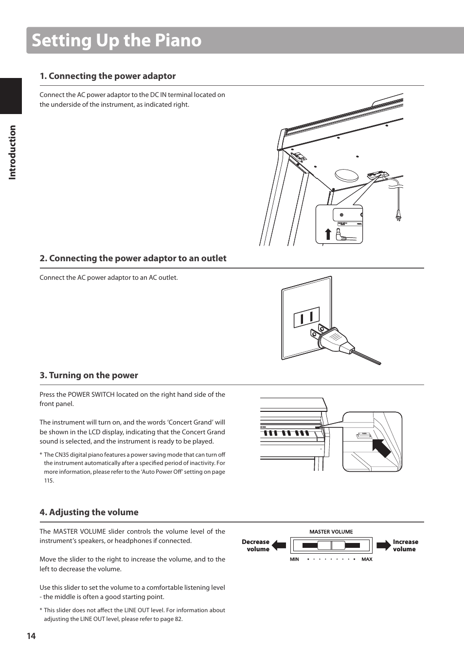 Setting up the piano, Connecting the power adaptor, Connecting the power adaptor to an outlet | Turning on the power, Adjusting the volume | Kawai CN35 Owner’s Manual User Manual | Page 14 / 142