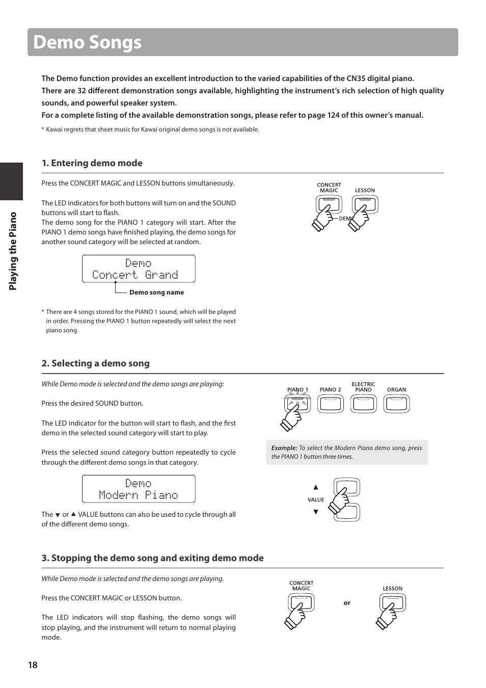 Demo songs, Demo concert grand, Demo modern piano | Pl ay ing the pi ano | Kawai CN35 Owner’s Manual User Manual | Page 18 / 142