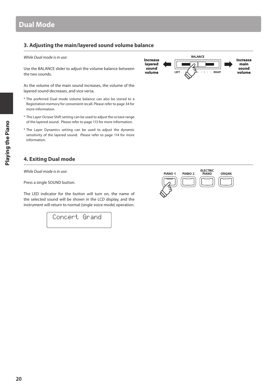 Dual mode, Concert grand, Pl ay ing the pi ano | Adjusting the main/layered sound volume balance, Exiting dual mode | Kawai CN35 Owner’s Manual User Manual | Page 20 / 142