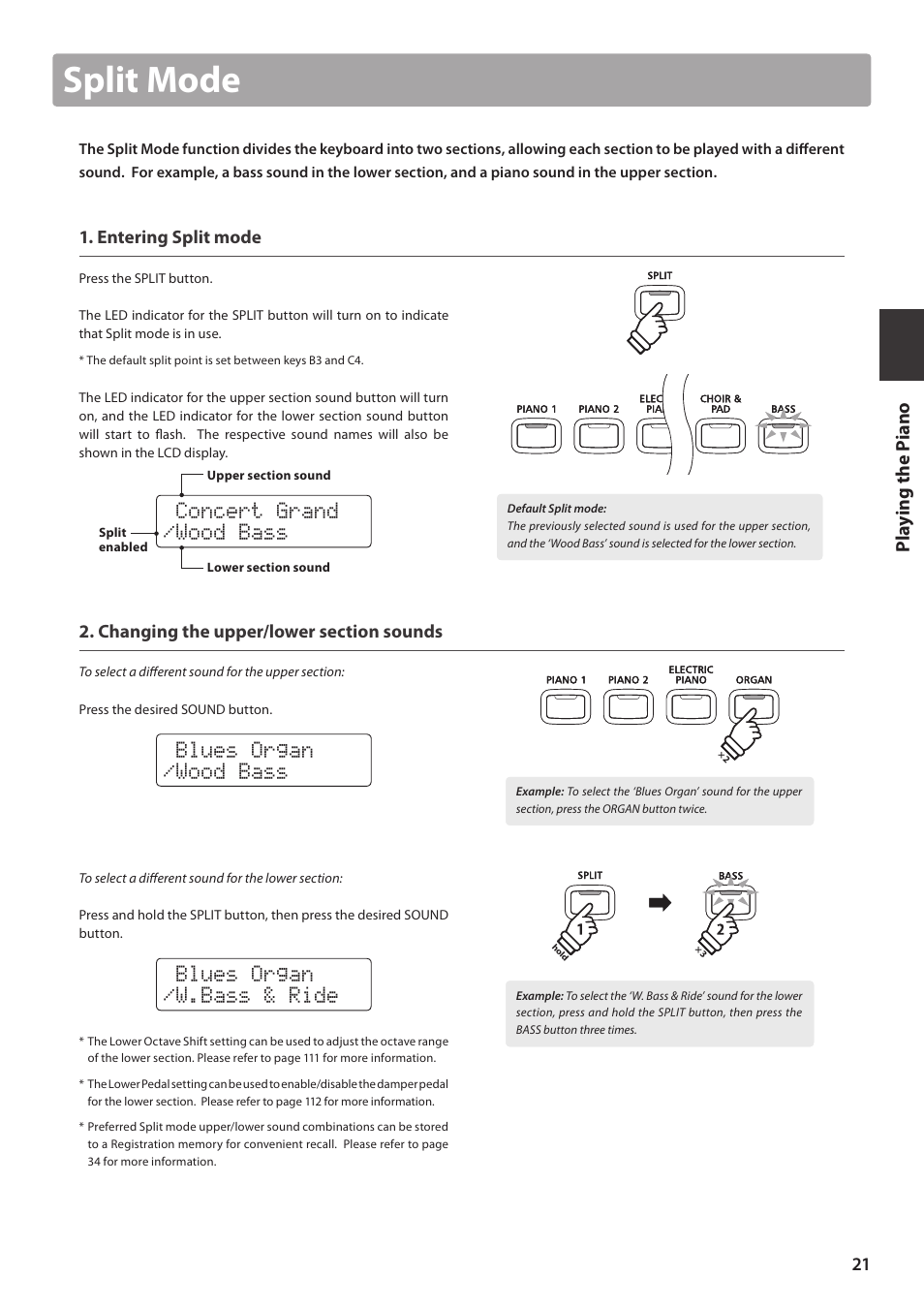 Split mode, Concert grand /wood bass, Blues organ /wood bass | Blues organ /w.bass & ride, Pl ay ing the pi ano, Entering split mode | Kawai CN35 Owner’s Manual User Manual | Page 21 / 142