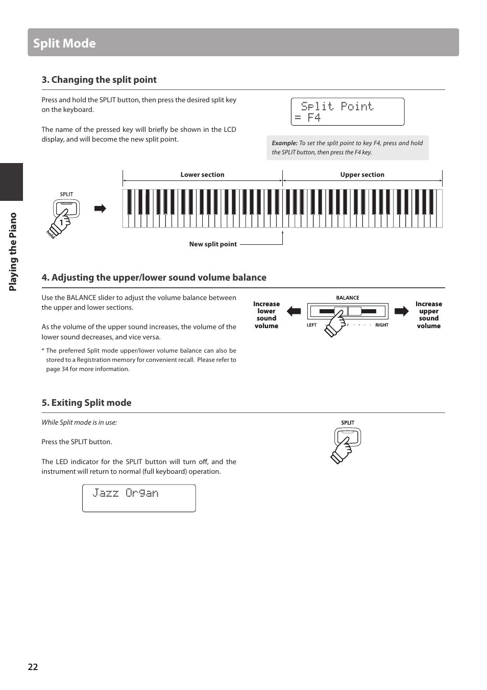 Split mode, Split point = f4, Jazz organ | Pl ay ing the pi ano, Changing the split point, Adjusting the upper/lower sound volume balance, Exiting split mode | Kawai CN35 Owner’s Manual User Manual | Page 22 / 142