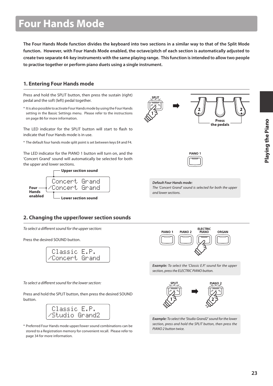 Four hands mode, Concert grand /concert grand, Classic e.p. /concert grand | Classic e.p. /studio grand2, Pl ay ing the pi ano, Entering four hands mode | Kawai CN35 Owner’s Manual User Manual | Page 23 / 142