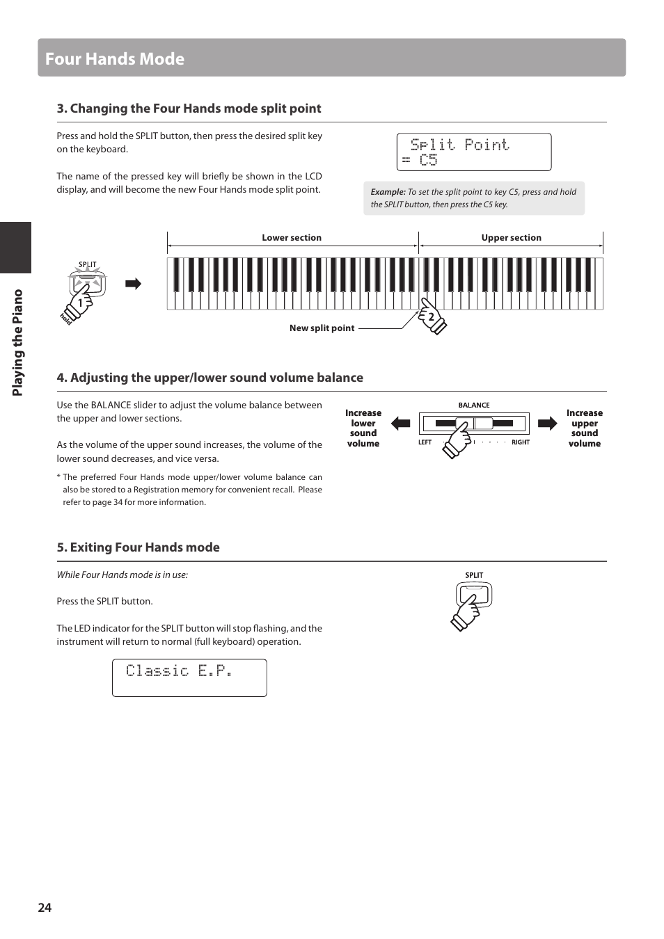 Four hands mode, Split point = c5, Classic e.p | Pl ay ing the pi ano, Changing the four hands mode split point, Adjusting the upper/lower sound volume balance, Exiting four hands mode | Kawai CN35 Owner’s Manual User Manual | Page 24 / 142