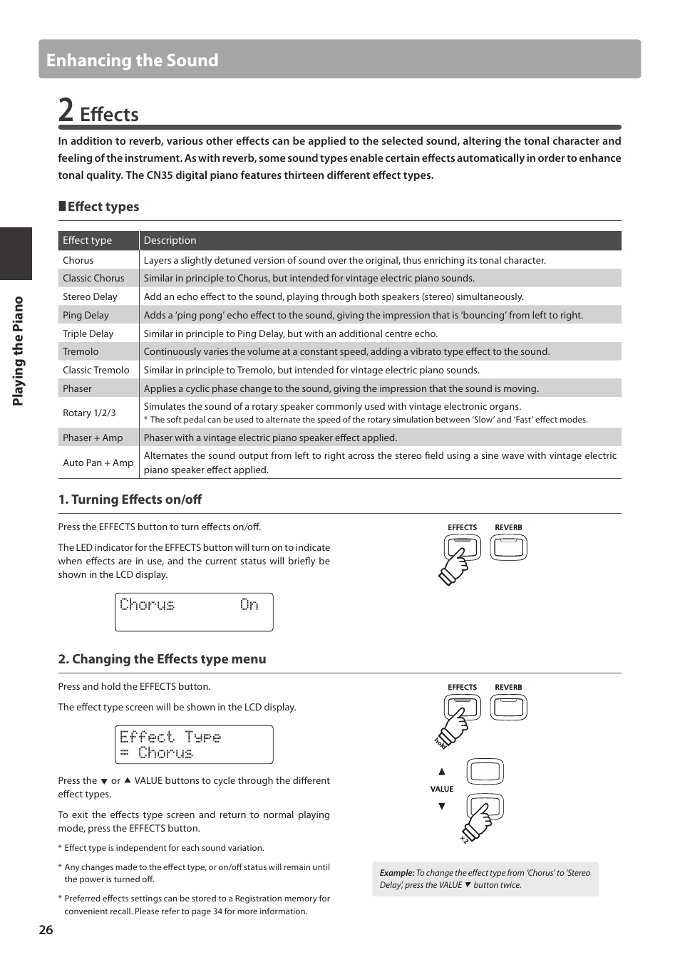 Effects, Enhancing the sound, Chorus on | Effect type = chorus, Pl ay ing the pi ano | Kawai CN35 Owner’s Manual User Manual | Page 26 / 142